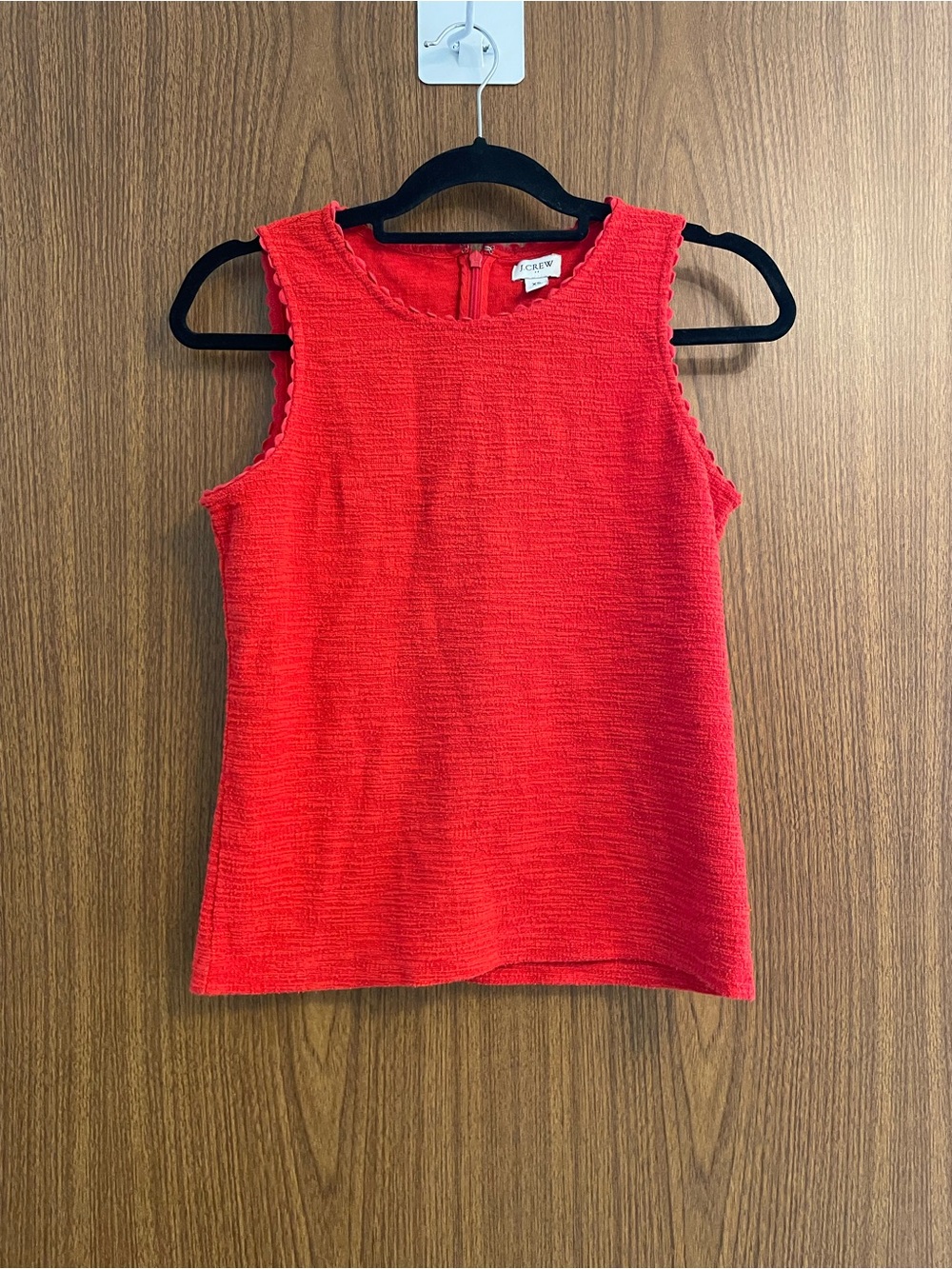 J. Crew Bright Red Textured Sleeveless Shell with Scallop Trim